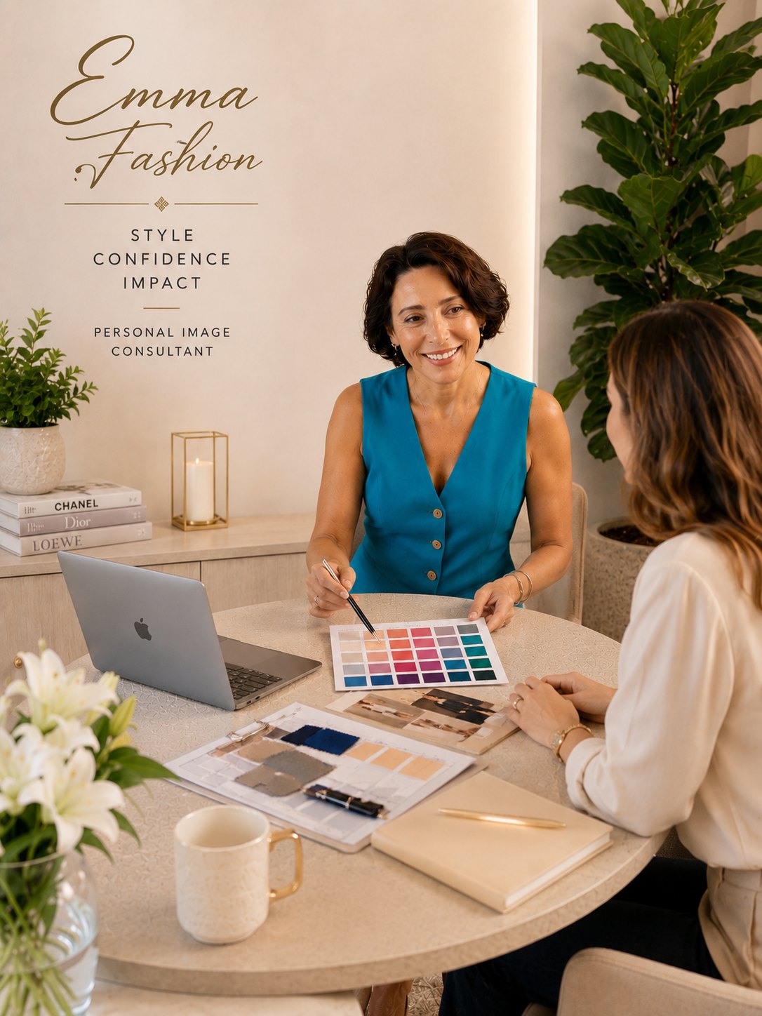 Emma consulting on a personal color palette with a client