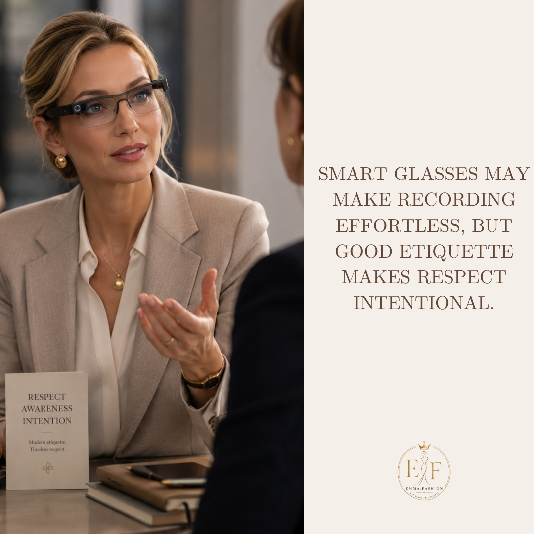 Woman wearing elegant smart glasses while having a conversation, illustrating modern etiquette and privacy