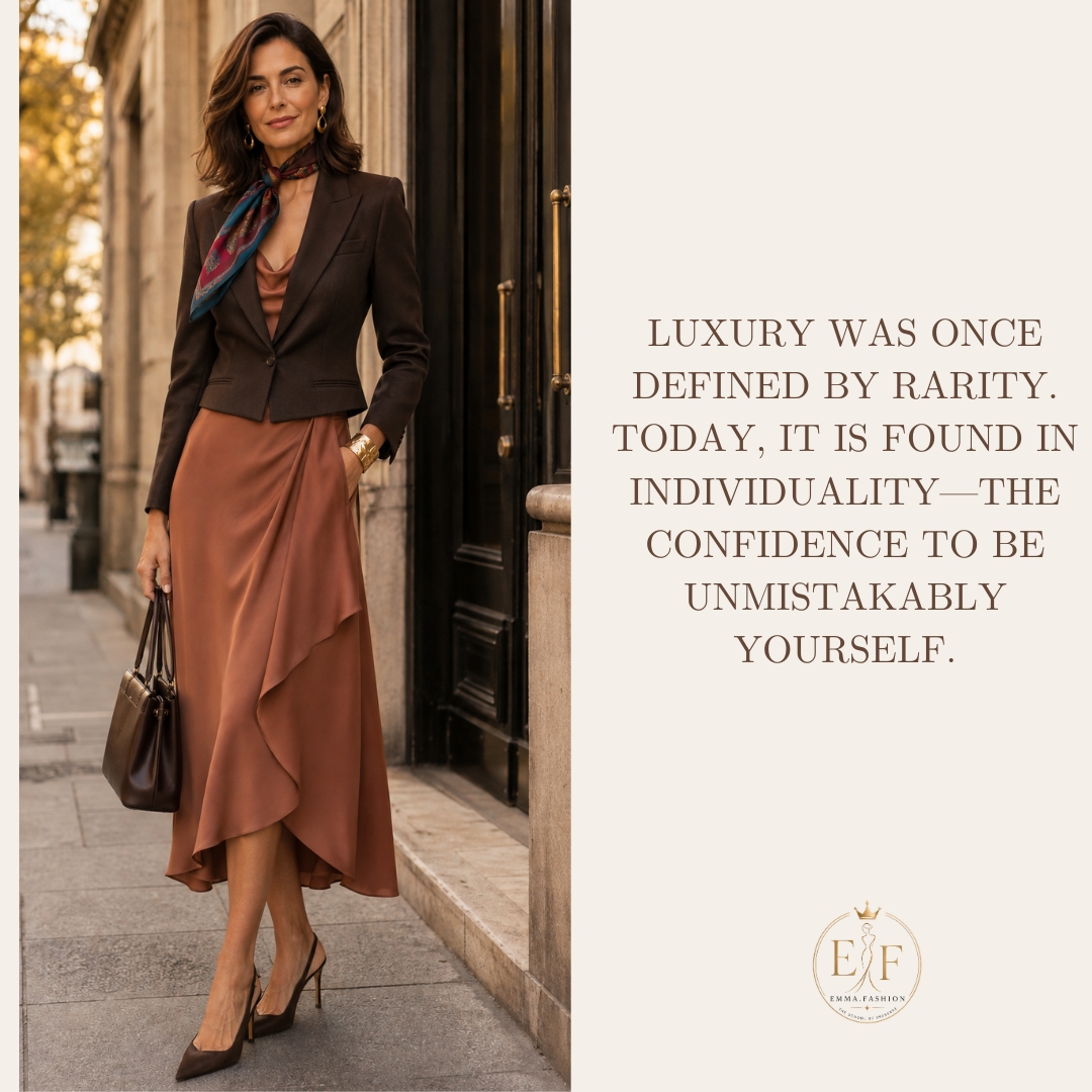 Elegant woman expressing a distinctive personal style through refined clothing, signature accessories, and confident presence
