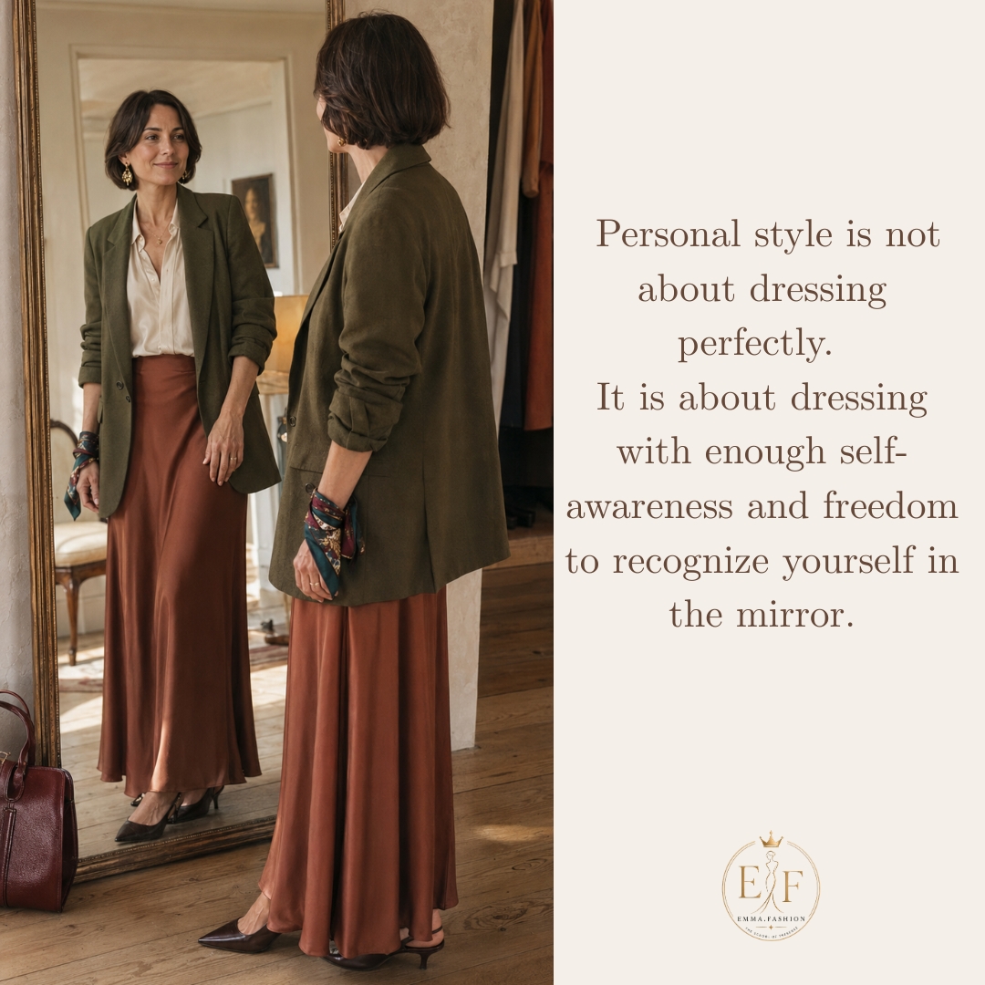 Elegant woman expressing her personal style through an individual, thoughtfully chosen outfit