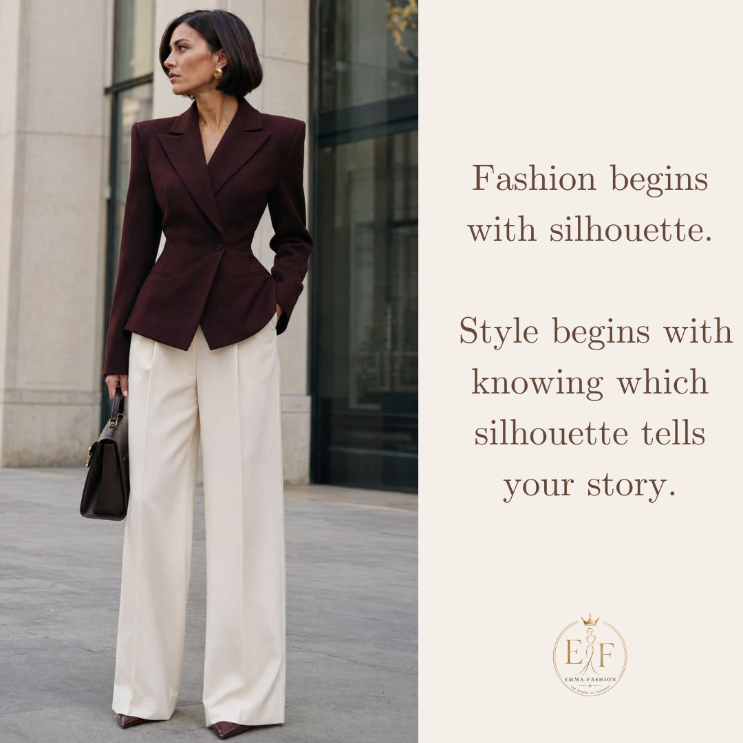 Woman wearing a defined-waist jacket with architectural shoulders inspired by the Fall 2026 silhouette trends